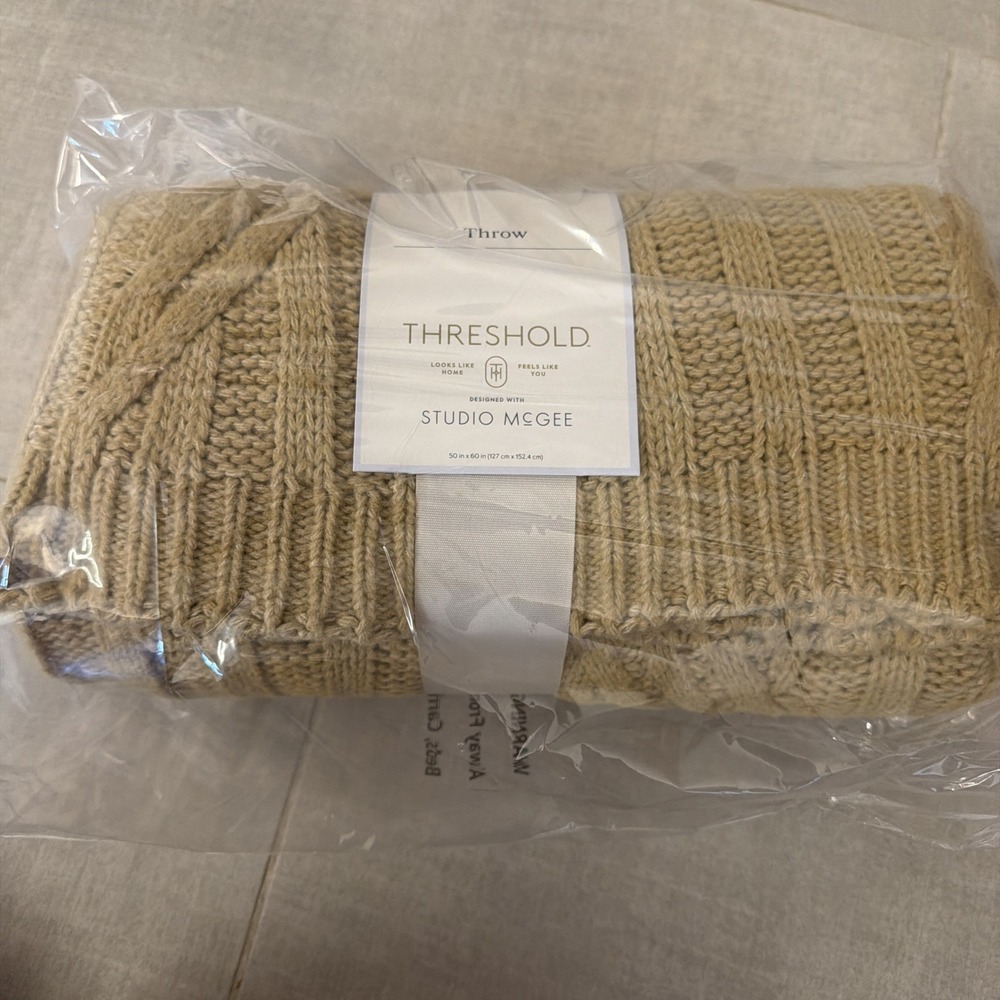 Threshold Studio McGee Throw Blanket Crochet Tan Beige Cable Knit 50x60 NEW